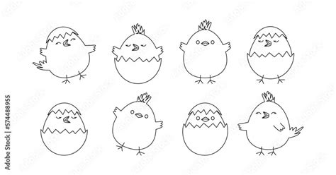 Chick egg, Easter chicken vector icon, cute line bird with shell, outline character set coloring ...