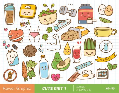 Mignon régime alimentaire clipart, kawaii clipart, vecteur mignon, doodle clipart, doodle mignon ...