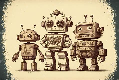 Premium Photo | Team of robots vintage toys ink drawing technology retro