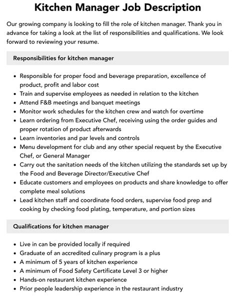 Kitchen Manager Job Description | Velvet Jobs