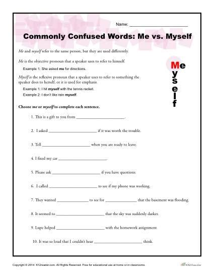 Me vs. Myself Worksheet | Commonly Confused Words