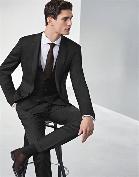 Black suit with vest and white shirt with brown tie by BOSS | Black ...