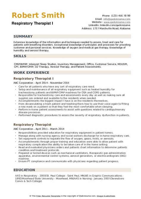 Respiratory Therapist Resume Samples | QwikResume