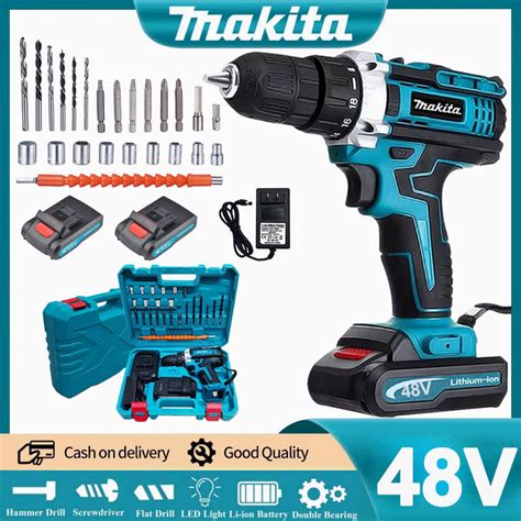 Makita 48V Cordless 2x Battery Electric Drill Cordless Impact Drill Power Tools Set Screw ...