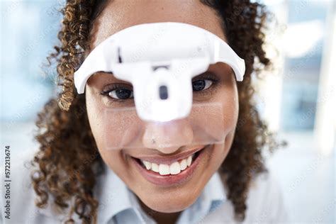 Eye exam, black woman and portrait of a patient at doctor, clinic or hospital for vision test ...