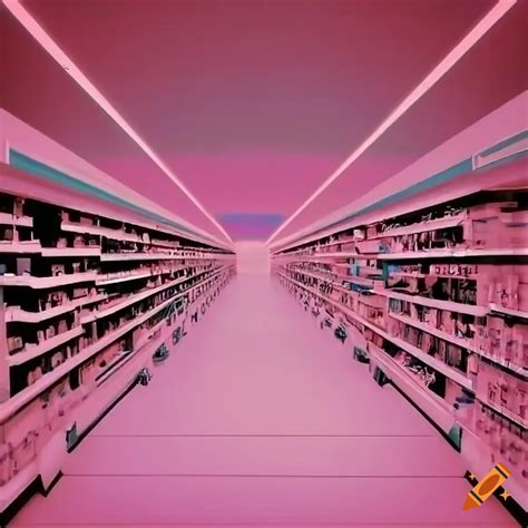 Nostalgic view down a kmart store aisle in a vintage vaporwave style on Craiyon