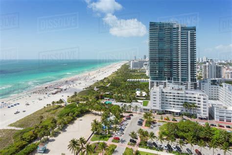 Elevated view of beach and hotels in South Beach, Miami Beach, Miami ...