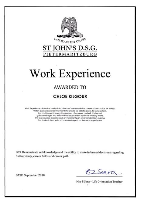 Certificate of Work Experience