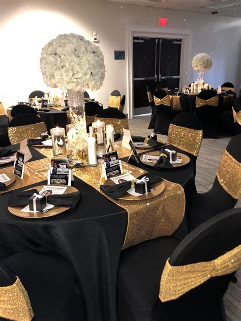 Banquet | Black and gold party decorations, Black gold party, Gold ...