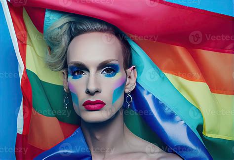 Slim extraordinary drag queen with makeup holding LGBT pride flag ...