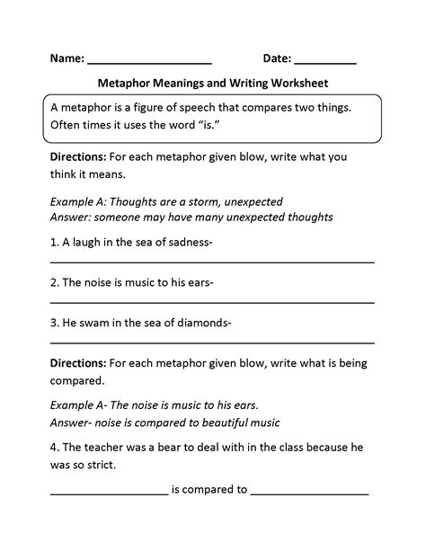 Metaphors Worksheets | Comparing and Meanings Metaphors Worksheet