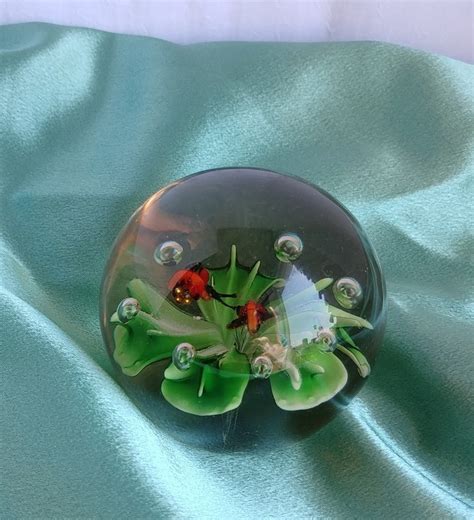 Vintage Hand Blown Glass Paperweight Green Flower with Bees | Etsy