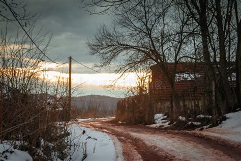 Winter Rural Scene at Sunset with Bits of Snow Stock Image - Image of forest, plant: 138440253