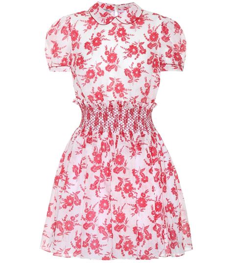 Miu Miu Floral-Print Smocked-Waist Mini Dress In Red | ModeSens