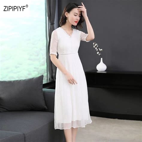 new spring / summer 100% real silk dress high quality v neck Solid silk ...