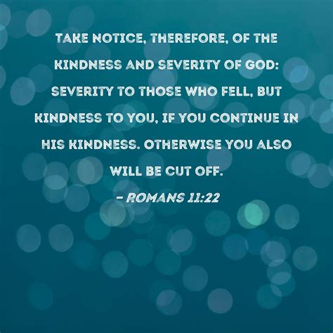 Romans 11:22 Take notice, therefore, of the kindness and severity of God: severity to those who ...