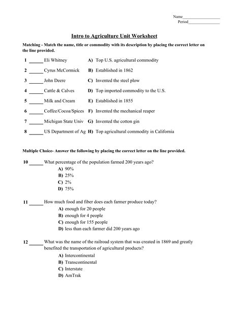 Intro to Agriculture Worksheet