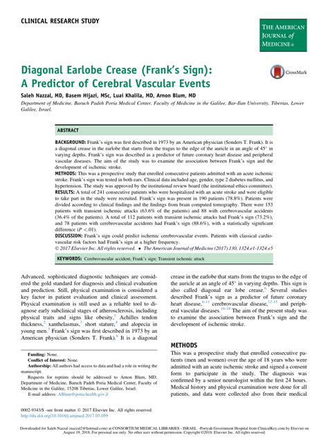 (PDF) Diagonal Earlobe Crease (Frank Sign) may predict ischemic cerebral stroke