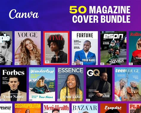 PACK OF 50 Canva Magazine Cover Template BUNDLE: Fashion, Lifestyle, Music, News Custom Magazine ...