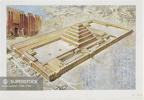 Egyptian Civilisation - Saqqara. Reconstructed 'Step Pyramid' complex of Djoser. Color ...