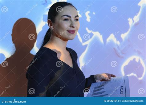 Buinesswoman with World Map Background Stock Photo - Image of wireless, world: 265121914