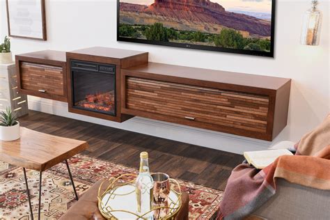 Floating TV Stand With Fireplace - ECO GEO Mocha - Woodwaves