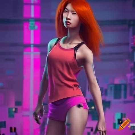 Cyberpunk woman with orange hair and pink racerback tank top on Craiyon