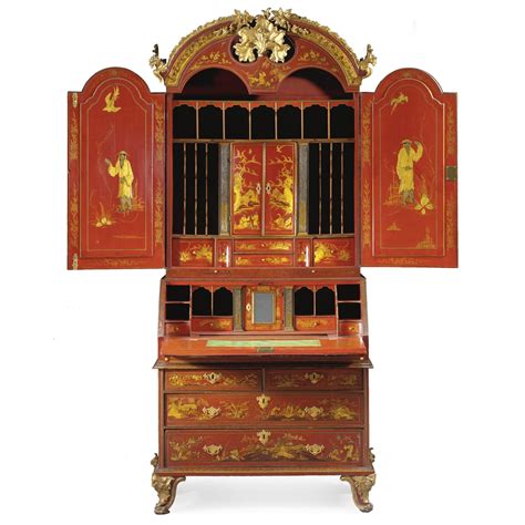 c1730 A George II red and gilt japanned bureau cabinet circa 1730, attributed to John Belchier ...