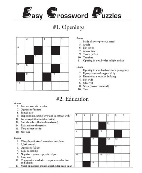 Simple Mini Printable Crossword Puzzles