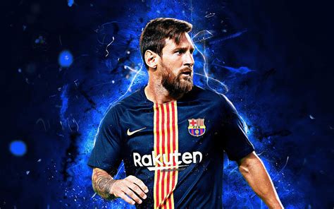 Messi blue uniform 2018 argentinian footballers Barcelona FC La Liga Leo Messi neon lights ...