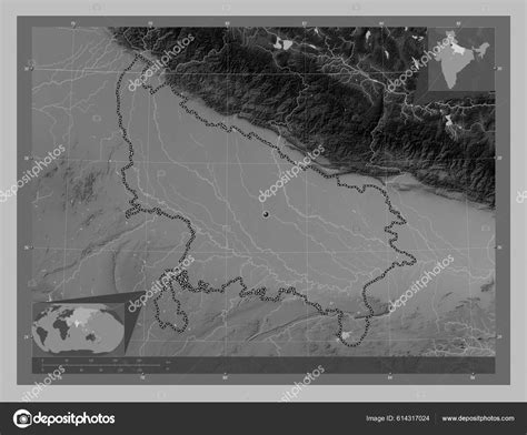 Uttar Pradesh State India Grayscale Elevation Map Lakes Rivers Corner ...