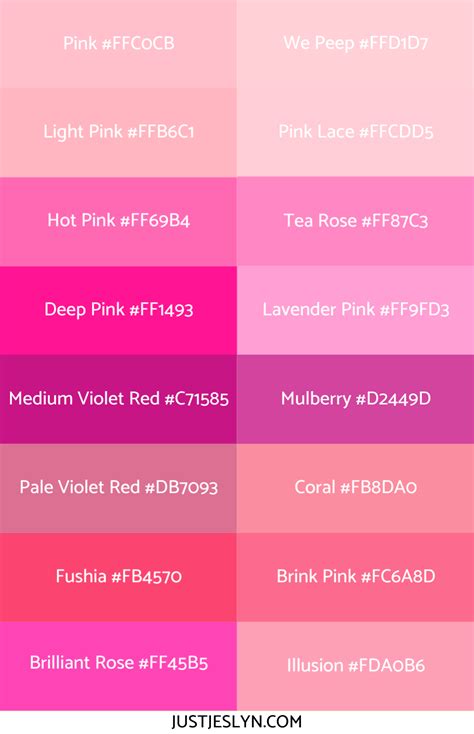 Shades Of Pink Color Names