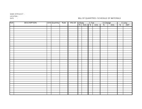 Bill Of Quantities Template Printable Schedule Template | Images and ...