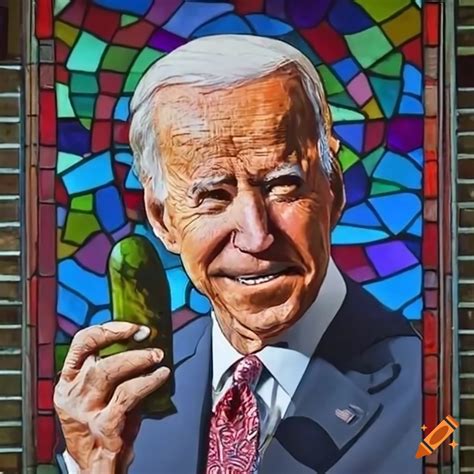 Stained glass window of joe biden holding a pickle on Craiyon