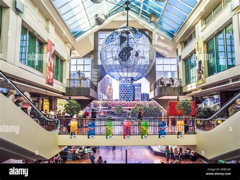 Interior of Southgate Shopping centre, large world shaped lights large ...