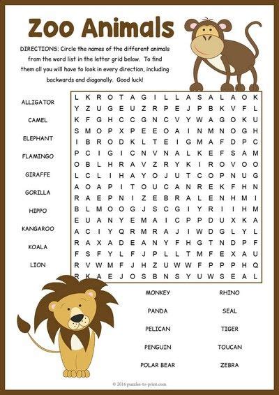 Zoo Animals Word Search Puzzle | Animal activities for kids, Word puzzles for kids, English ...