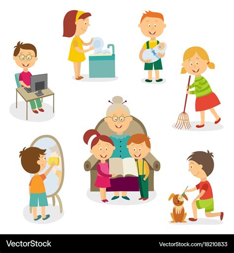 Kids children doing home activities chores Vector Image