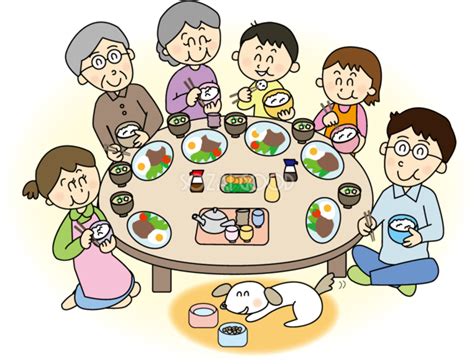 食卓を囲む6人家族 無料イラスト | 素材Good