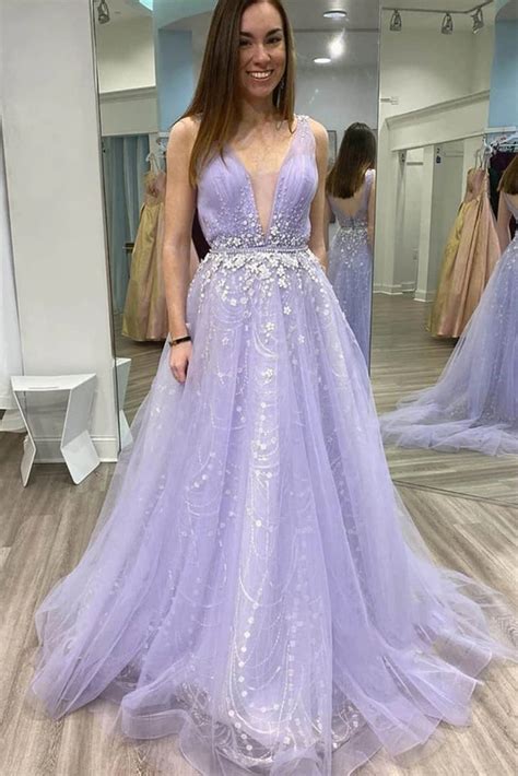 A Line V Neck Tulle Lace Appliques Long Lilac Prom Dress, V Neck Lace ...