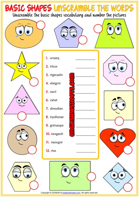 Basic Shapes Unscramble the Words ESL Worksheet For Kids | Esl vocabulary, Vocabulary worksheets ...