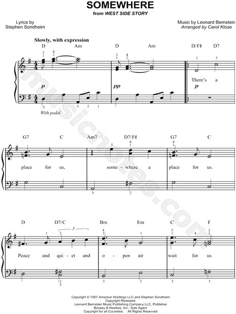 "Somewhere" from 'West Side Story' Sheet Music (Easy Piano) in G Major ...