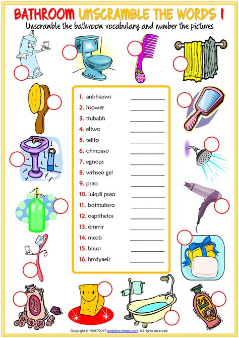 SOLUTION: Bathroom vocabulary esl unscramble the words worksheets for ...