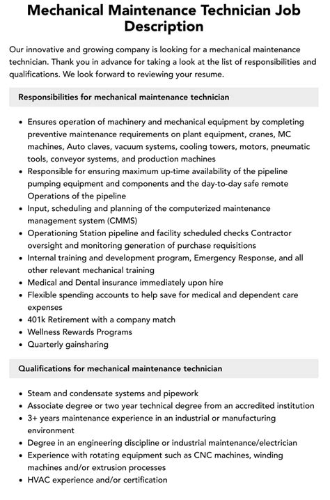 Mechanical Maintenance Technician Job Description | Velvet Jobs