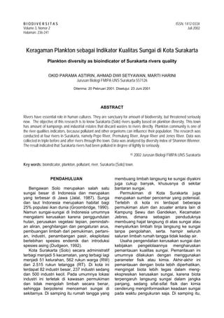 Keragaman plankton sebagai indikator kualitas sungai di kota surakarta | PDF