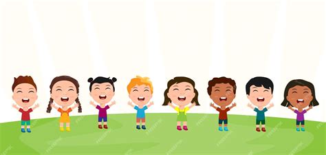 Premium Vector | Happy joyful little kids rejoicing in nature park nursery kindergarten primary ...