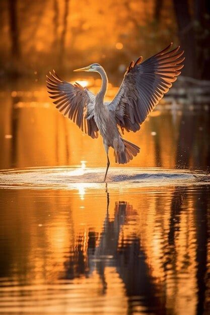 Premium AI Image | A great blue heron is standing in the water with its ...