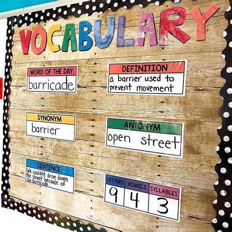 a bulletin board with words and pictures on it that say vocabularry