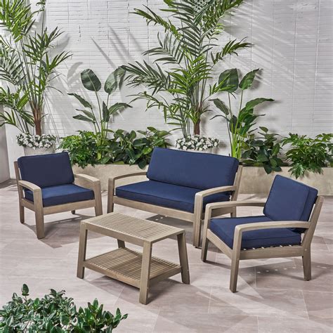 4-Piece Gray Wood Finish Outdoor Furniture Patio Conversation Set ...