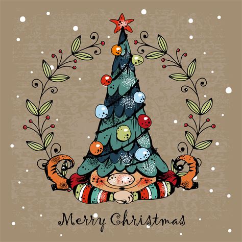 Merry Christmas greeting card. Cute Christmas gnome with gifts in ...