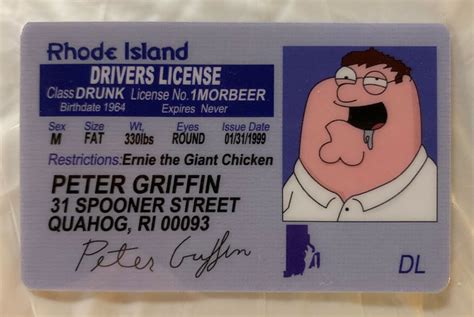 Peter Griffin Family Guy Rhode Island Drivers License Novelty ID Animated Stewie | eBay